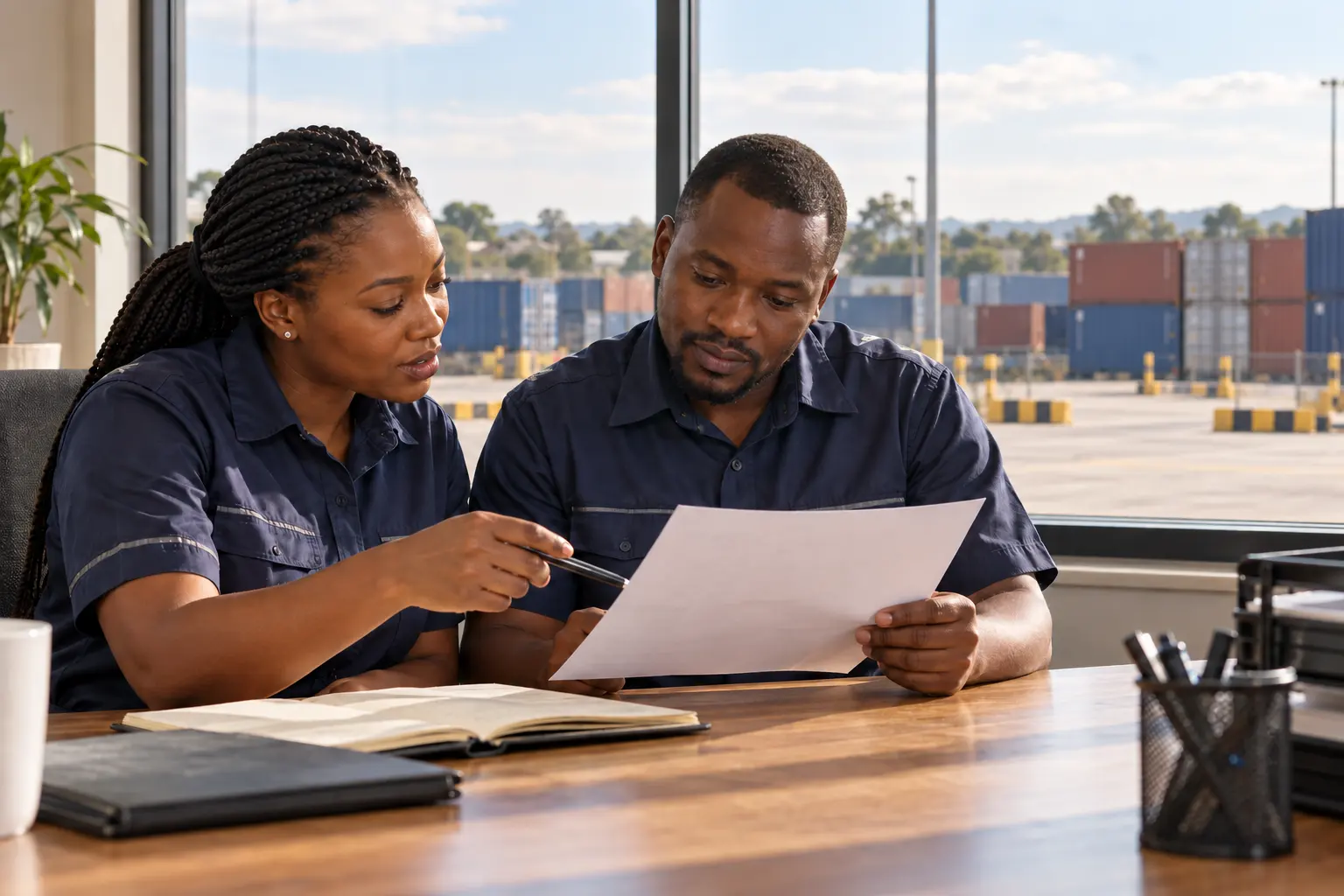 Illustrative freight coordinators reviewing documents in an operations office.