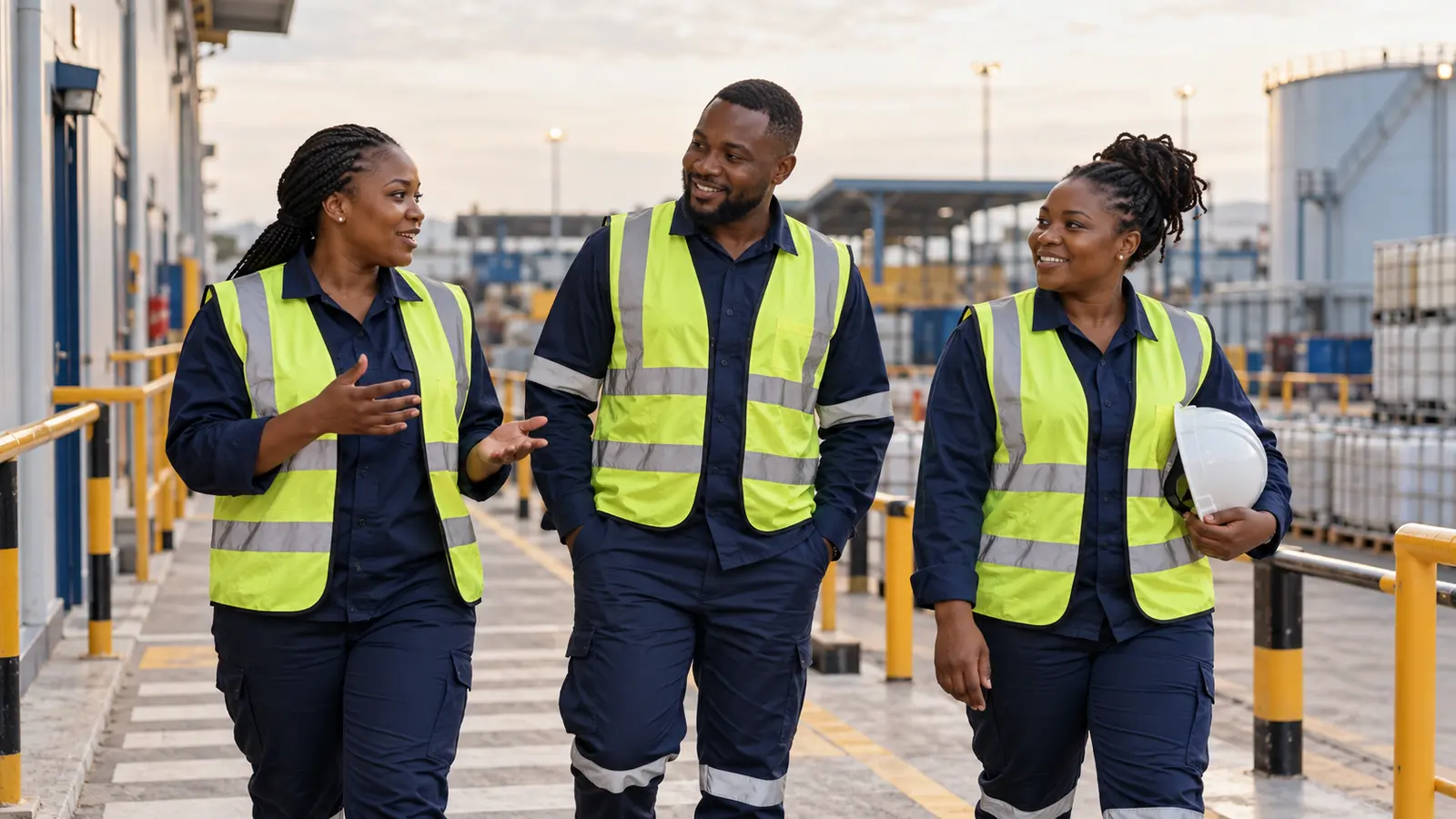 Illustrative freight colleagues talking in a protected depot pedestrian area.