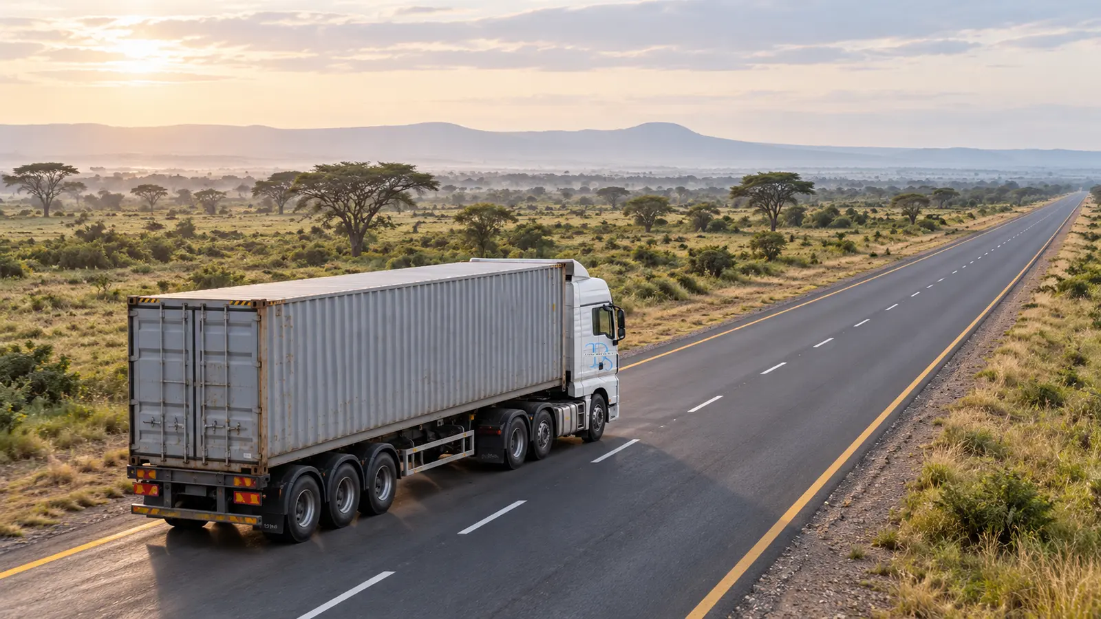 Illustrative branded freight truck travelling away on an inland trade road.