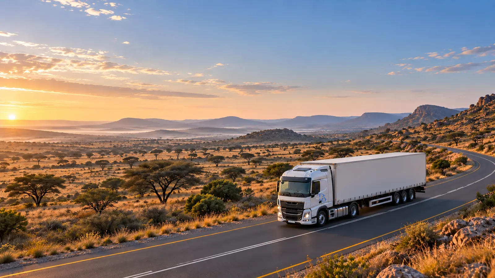 Illustrative branded freight truck on an inland sub-Saharan road at dawn.
