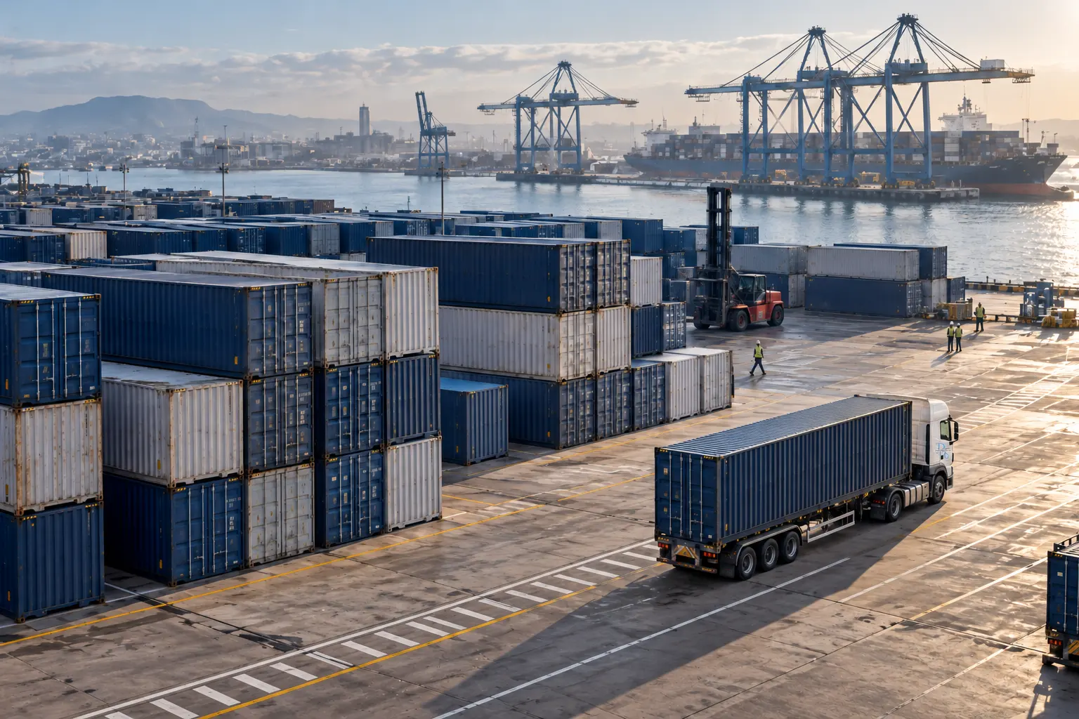 Illustrative branded freight truck in a container terminal.