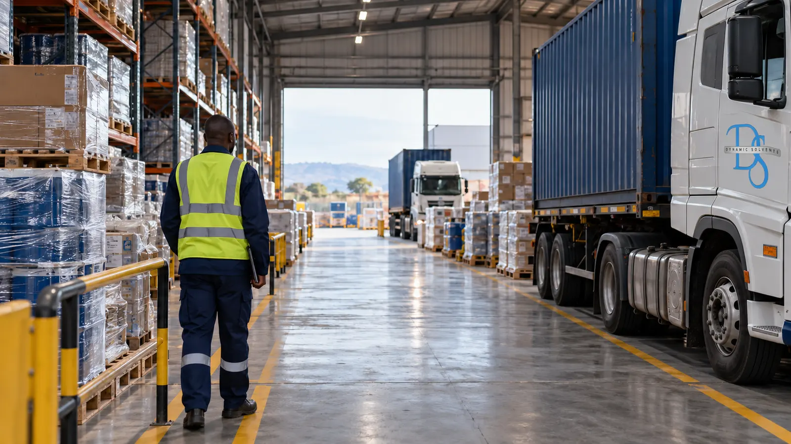 Illustrative warehouse dispatch scene with a coordinator and branded freight truck.