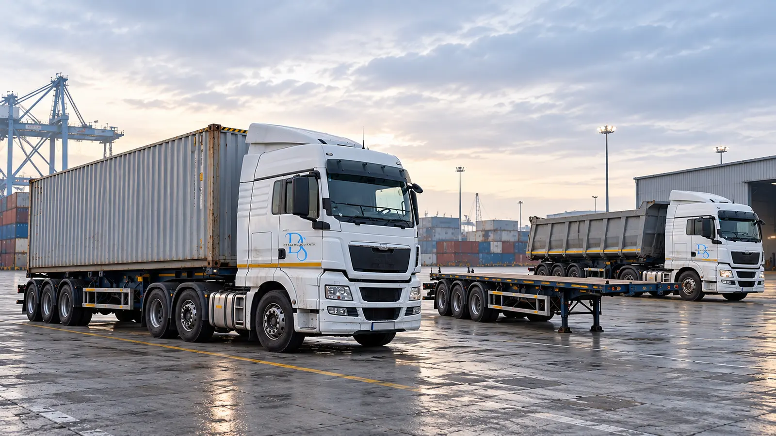Illustrative branded heavy-duty freight vehicles and trailers at a depot.