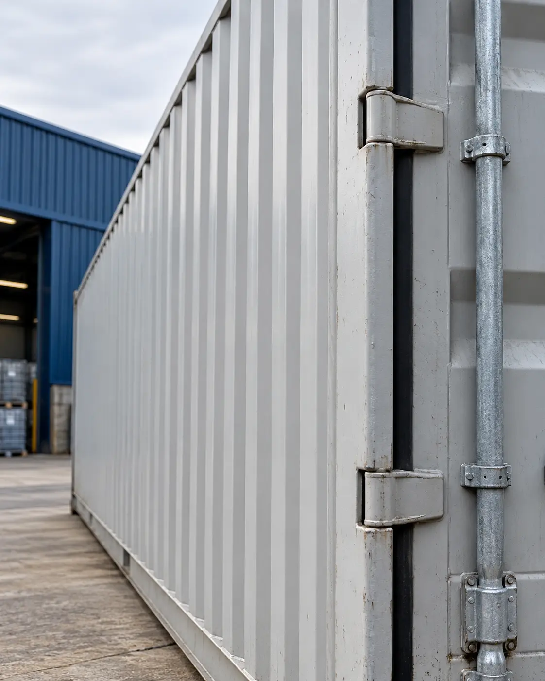 Illustrative close detail of a corrugated shipping container and door hinge.