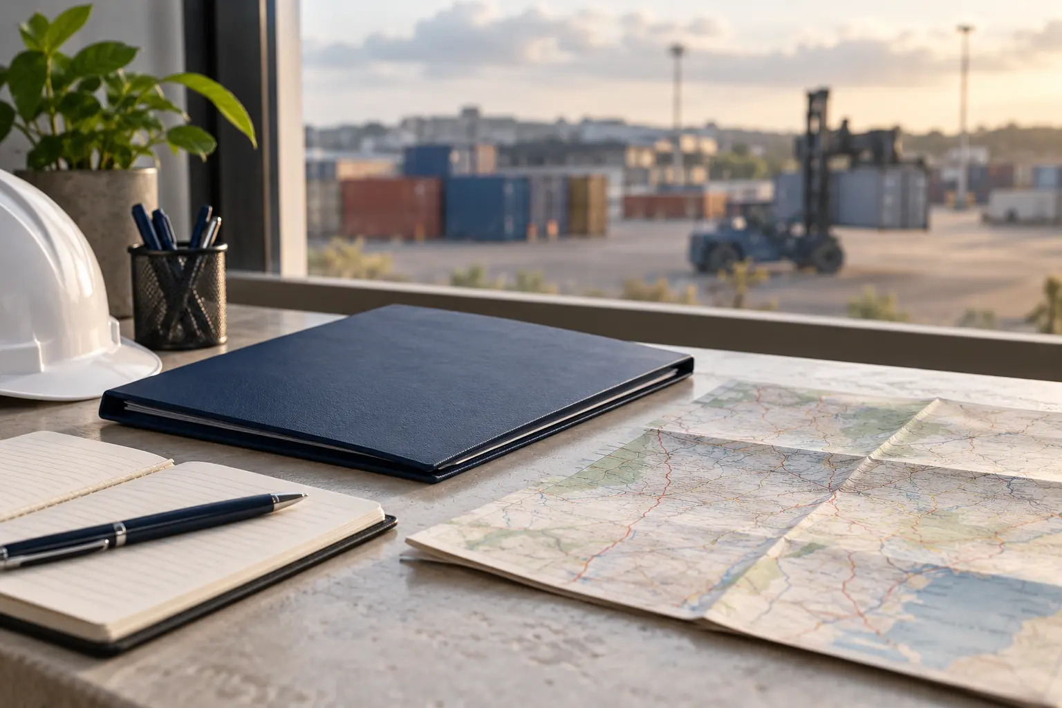 Illustrative cargo-planning desk with a notebook, folder and safety helmet.