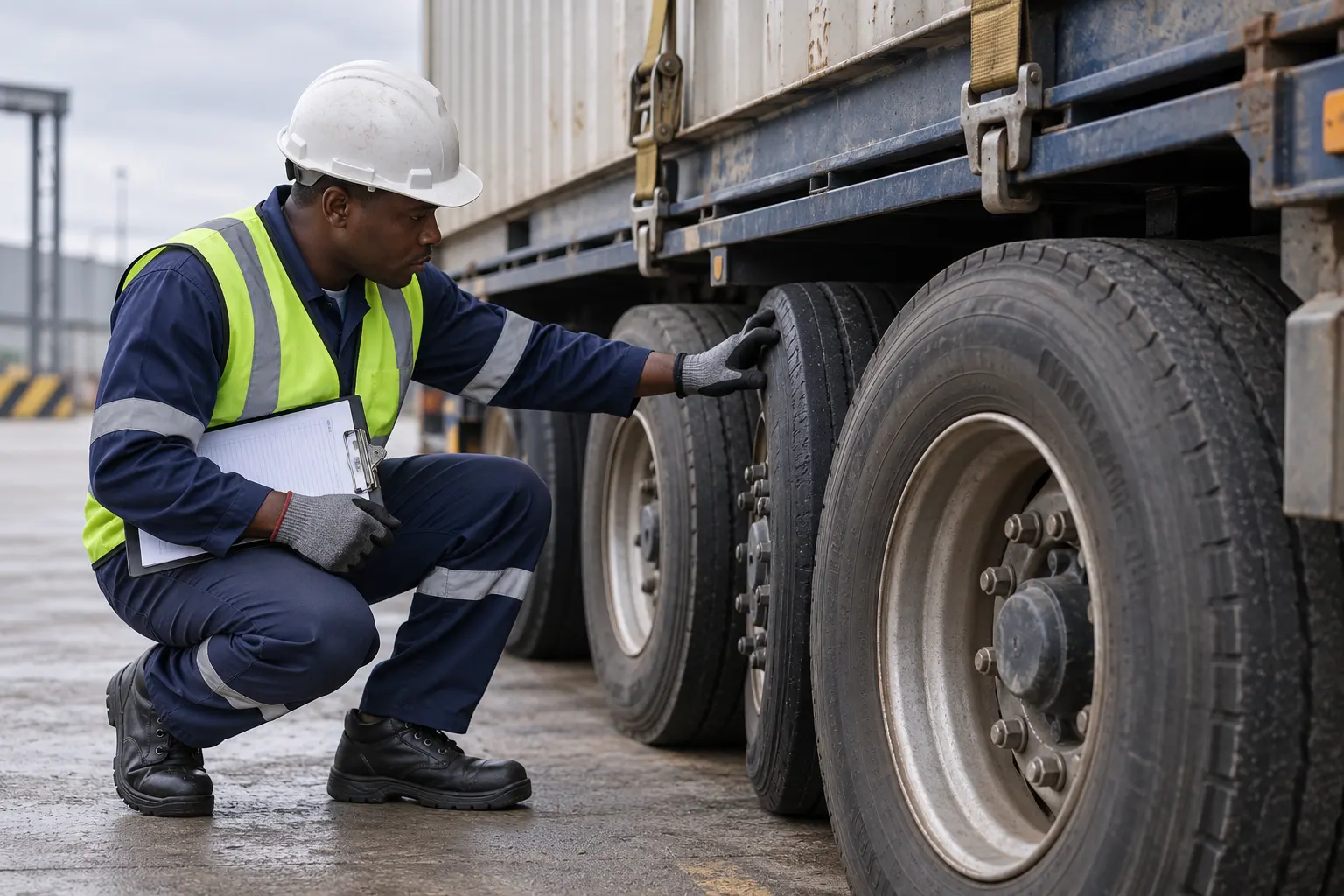 Illustrative safety inspector checking a stationary freight trailer wheel.