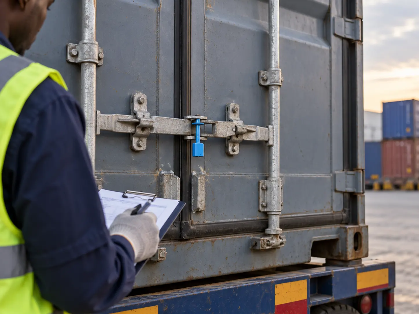 Illustrative inspection of a sealed container door and locking rods.