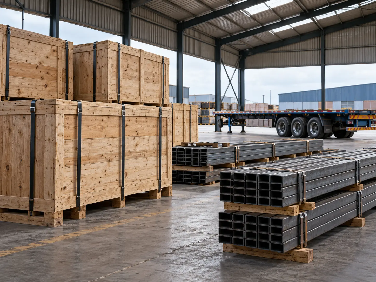 Illustrative strapped timber crates and bundled steel in a covered freight shed.