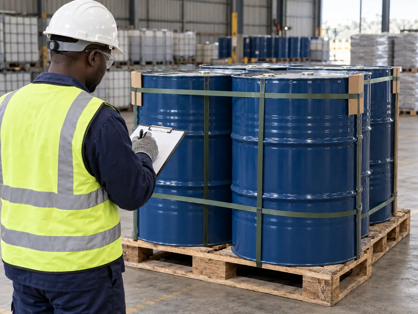 Illustrative cargo inspector beside secured steel drums in a freight shed.