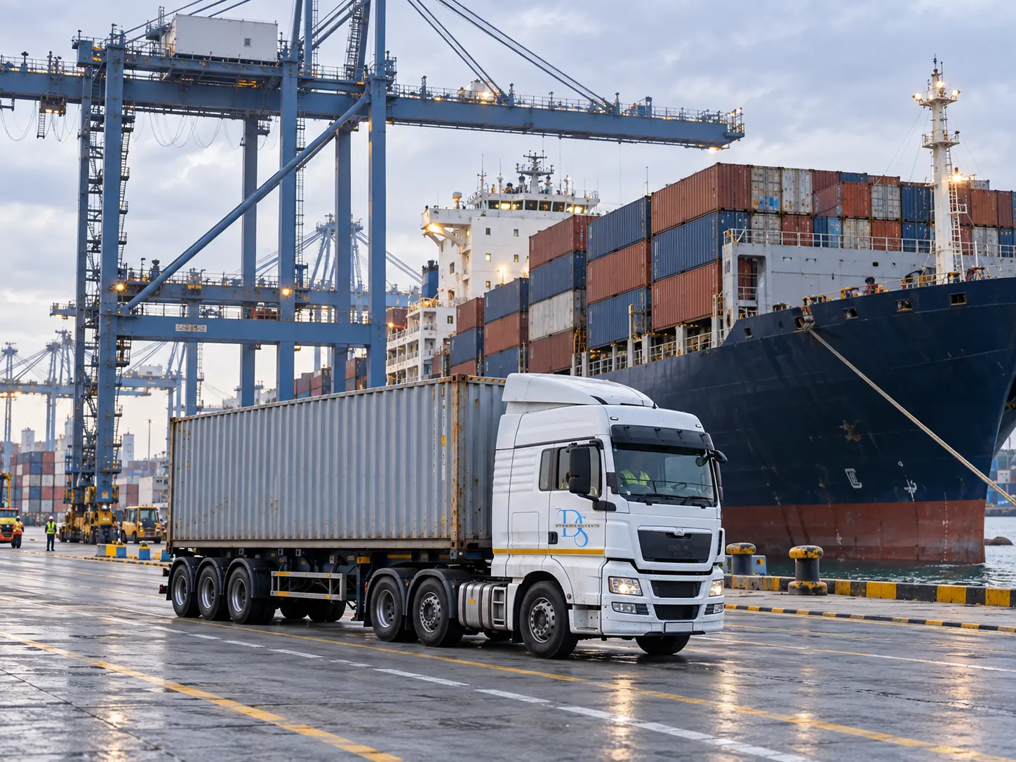 Illustrative branded container truck beside a vessel and quay cranes.