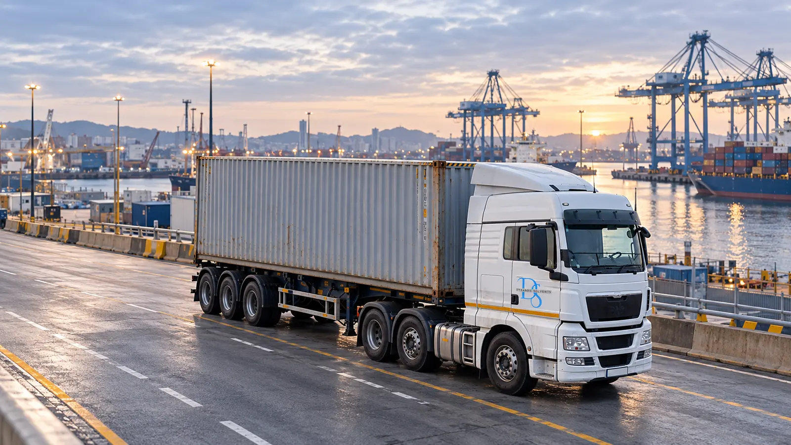 Illustrative branded container truck on a port access road.