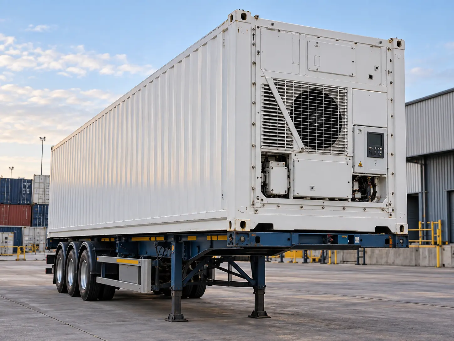Illustrative refrigerated container on a stationary trailer at a depot.